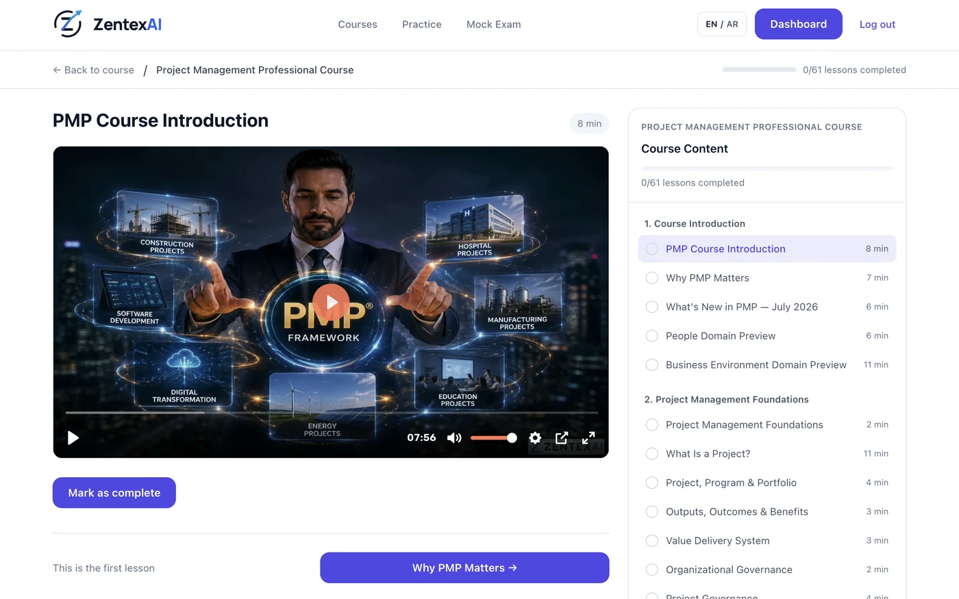 Course outline listing modules and lessons with their durations and a count of completed lessons
